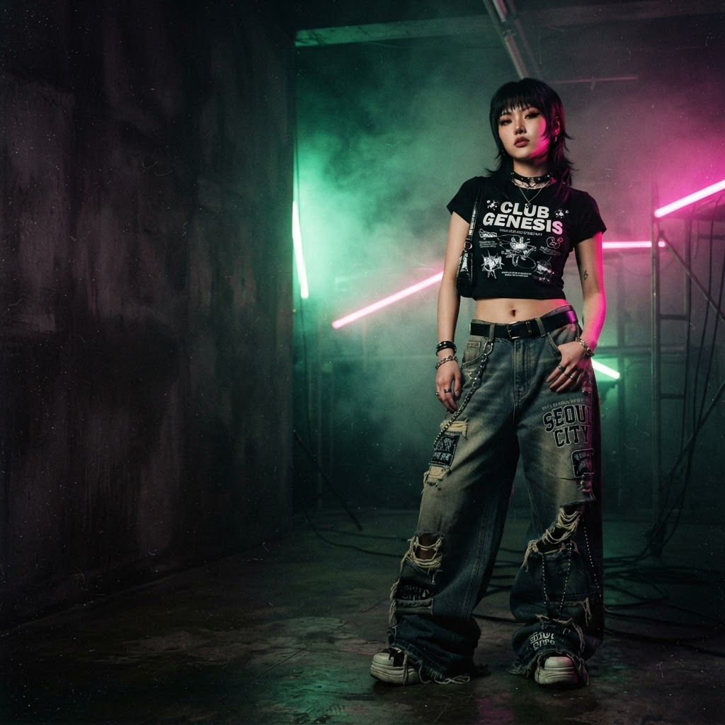 Model wearing oversized baggy jeans and cropped top, Korean Y2K streetwear